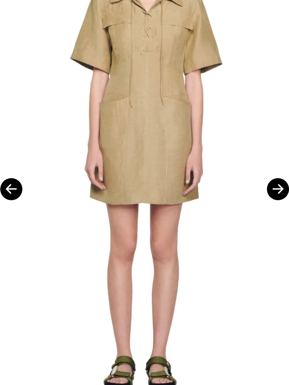 Sandro Short-Sleeve Lace-Up Pocket Mini Dress in Tan